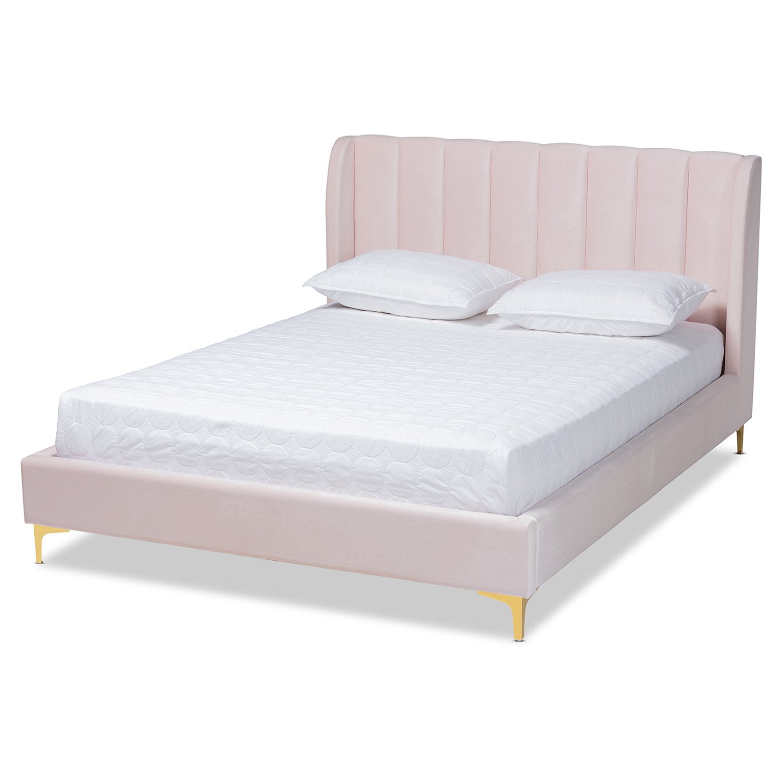 Baxton Studio Saverio Glam and Luxe Light Pink Velvet Fabric Upholstered Queen Size Platform Bed with Gold-Tone Legs