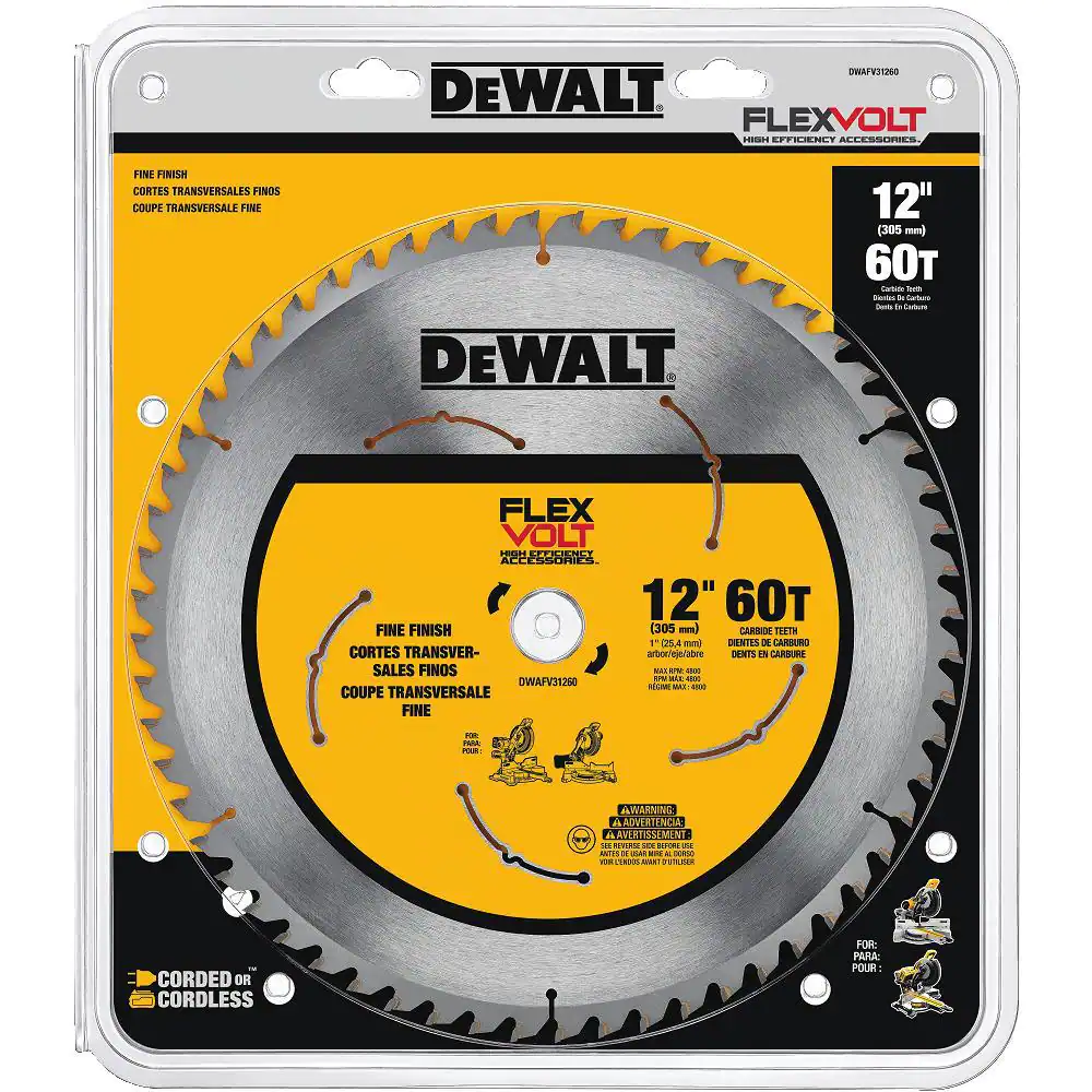 DEWALT DWAFV31260 FLEXVOLT 12 in. 60-Teeth Carbide-Tipped Miter Saw Blade