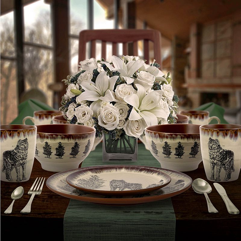 Elama Majestic Wolf 16 Piece Luxurious Stoneware Dinnerware with Complete Setting for 4