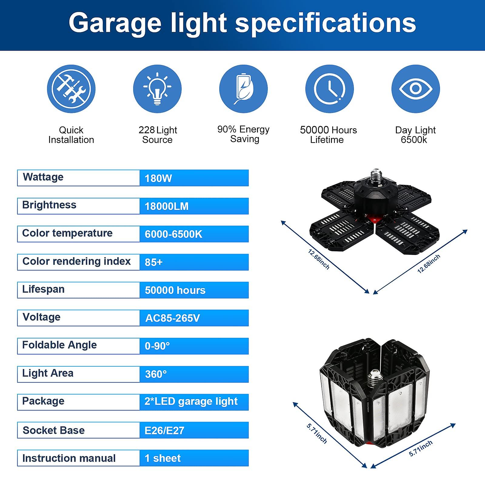 Led Garage Light 12 Panels Led Bulb Lamp Ultra Bright Deformable Shop Lighting 12-leaf Shop Lighting For Workshop Gym Warehouse