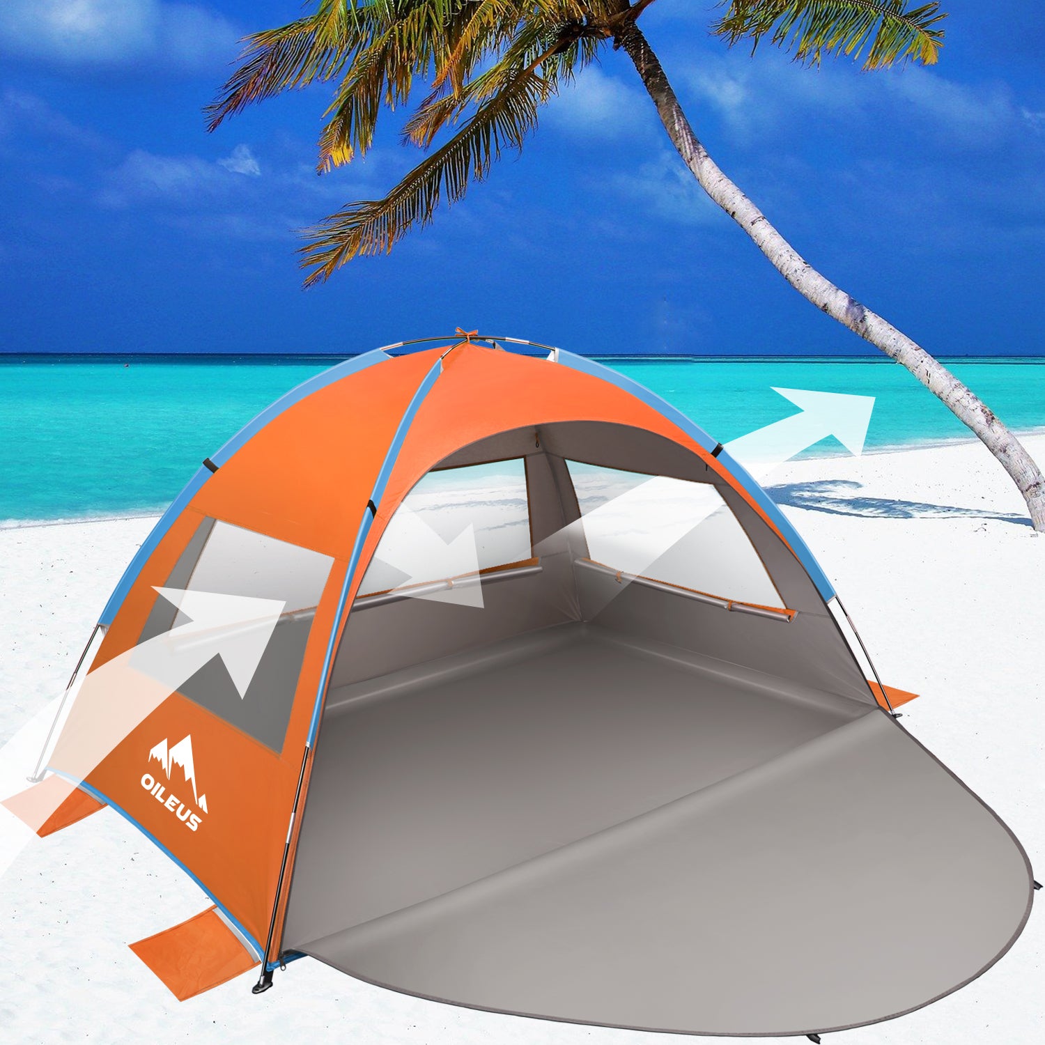 Oileus Beach Tent Pop Up Tents Sun Shade Shelter for 2-3 Person With UV Protection， Extended Floor， Mesh Roll Up Windows， Carrying Bag， Stakes， 6 Sand Pockets， Lightweight and Easy Set Up， Orange