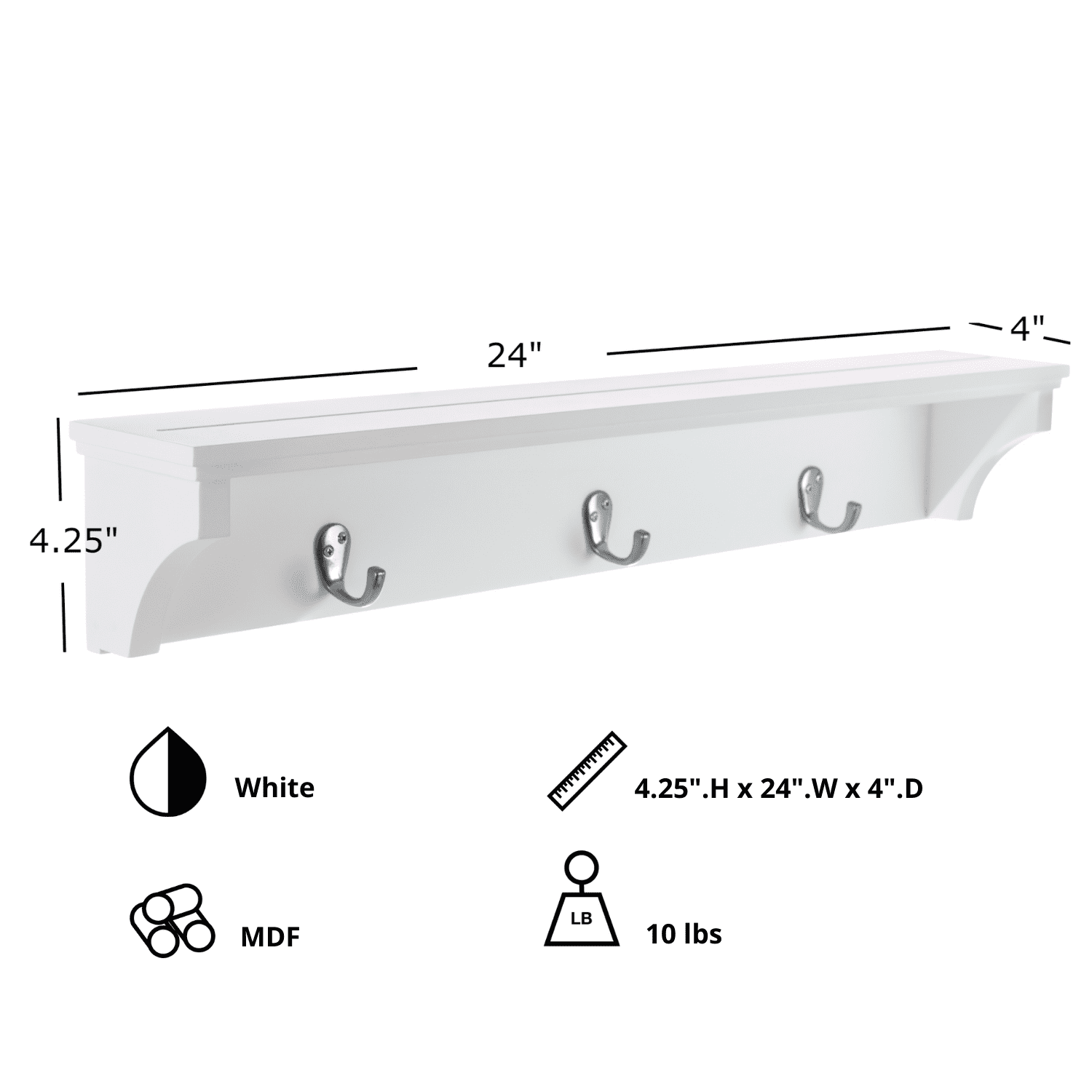 kieragrace KG Finley Wall Shelf with three Metal Hooks - White， 24