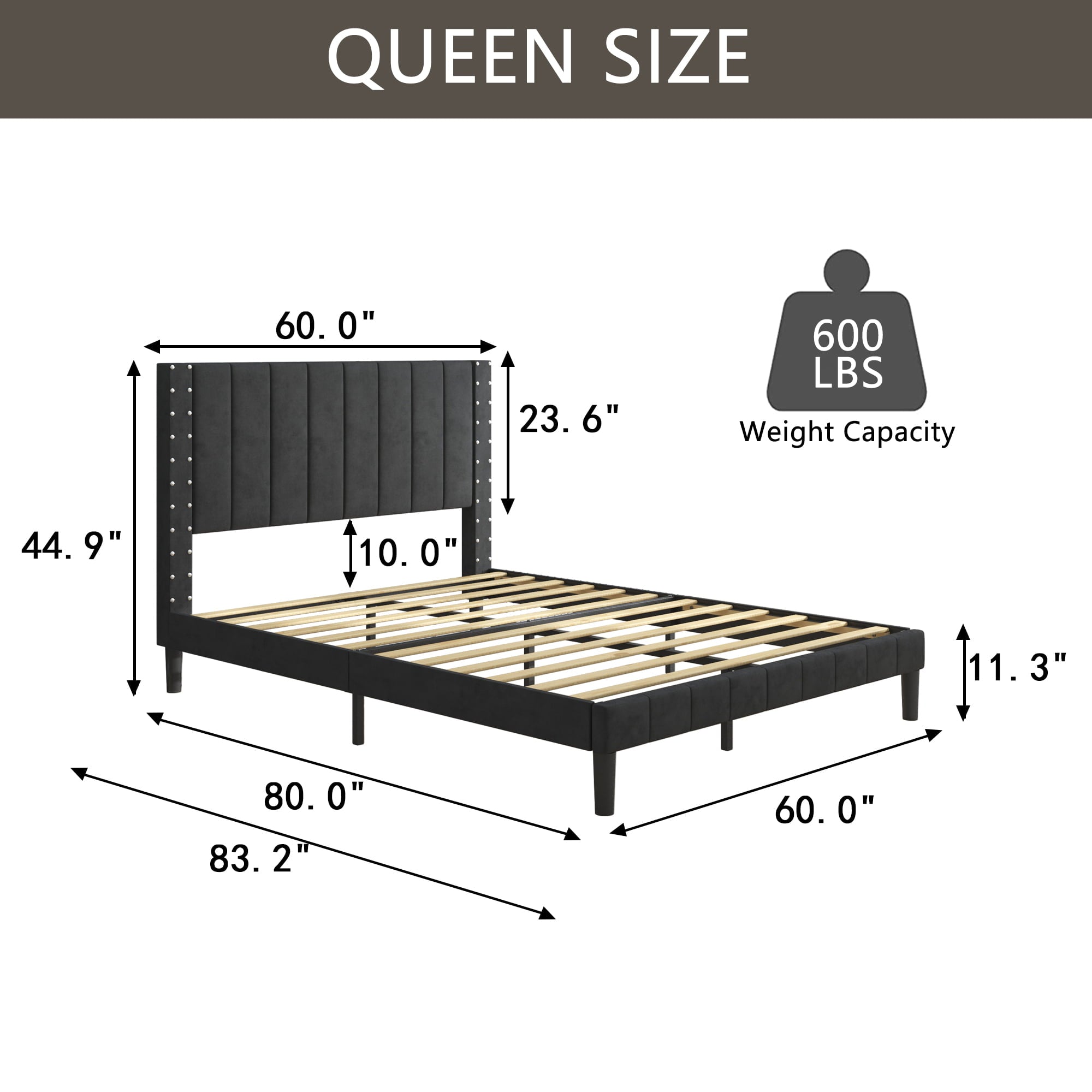 Black Queen Bed Frame for Adults Kids, Modern Fabric Upholstered Platform Bed Frame with Headboard, Queen Size Bed Frame Bedroom Furniture with Wood Slats Support, No Box Spring Needed