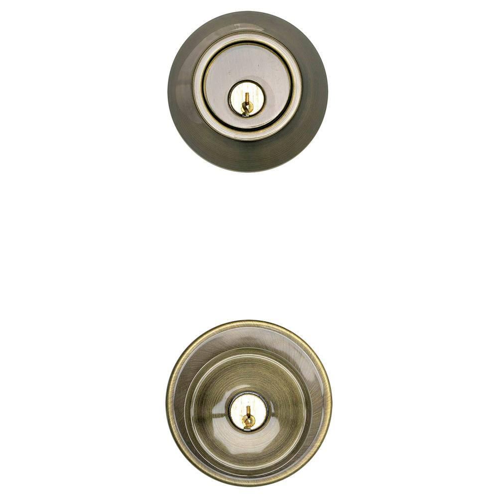 ESSENTIALS by Schlage Brill Antique Brass Single Cylinder Deadbolt and Keyed Entry Door Knob Combo Pack VC60 V BRL 609