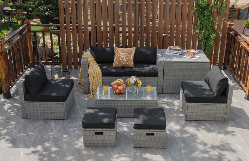 8 Pcs Rattan Patio Sectional Furniture Set Wicker Outdoor Cushioned Sofa Set with Storage Box & Waterproof Cover