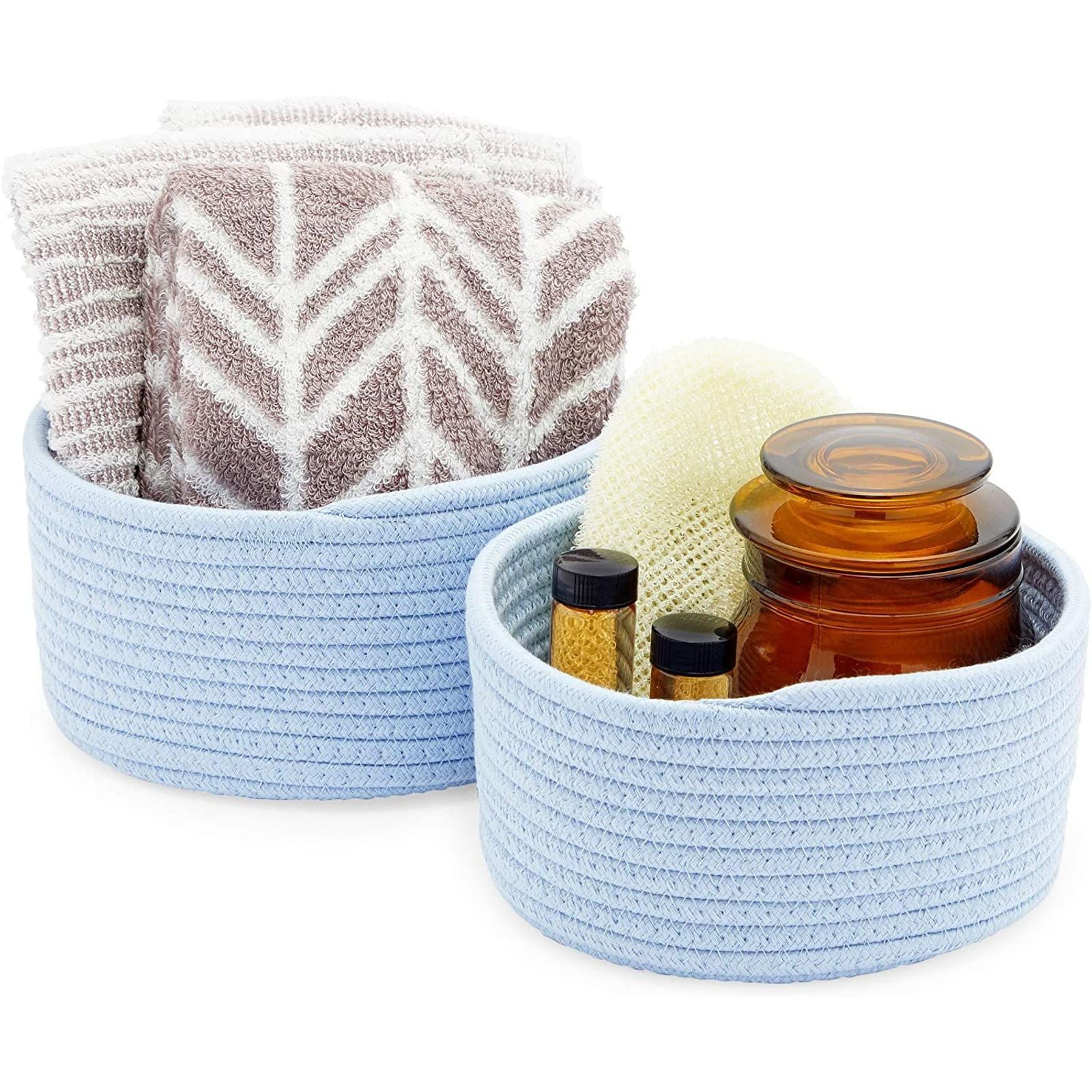 Set of 2 Cotton Rope Woven Baskets Storage Bins Organizer, Light Blue, 2 Sizes