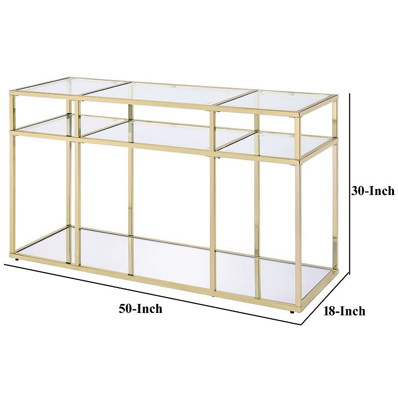 3 Tier Sofa Table with Glass Shelves and Metal Frame， Gold