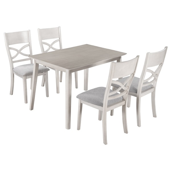 5 piece kitchen table with 4 upholstered chairs， 5 sets， light grey + white