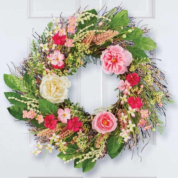 Collections Etc Pink Roses With Berries And Greenery Hanging Wreath