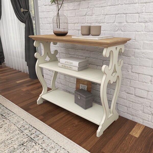 White or Black Wood Scroll Side Frames 2 Shelves Console Table with Brown Wood Top 38