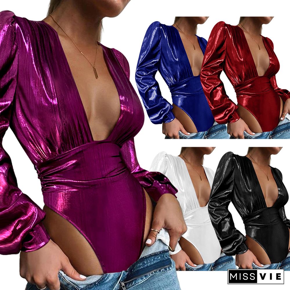 Hot Gold Deep V-neck Sexy Nightclub Jumpsuit