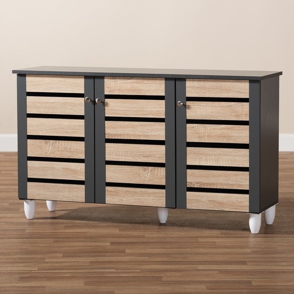 Contemporary 3-door Slatted Wood 14-pair Shoe Storage Cabinet - - 26396253