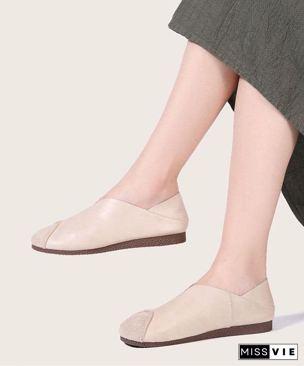 Khaki Cowhide Leather Flats Splicing Flat Feet Shoes