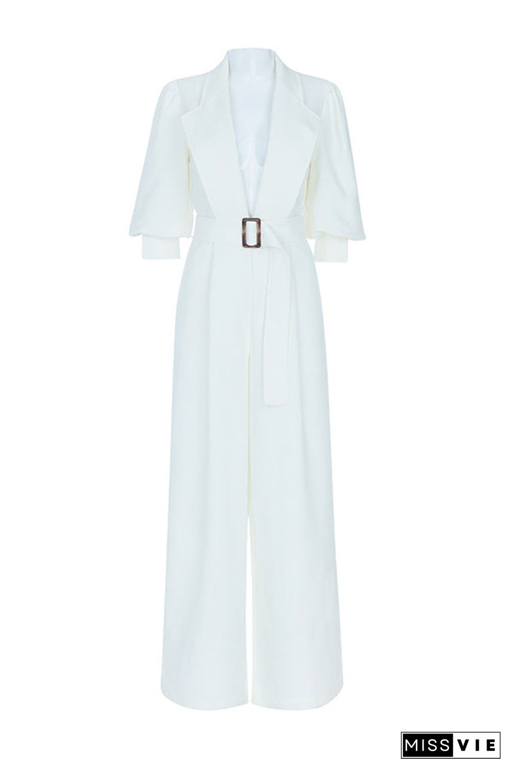 White V-neck Belt Wide-leg Jumpsuit