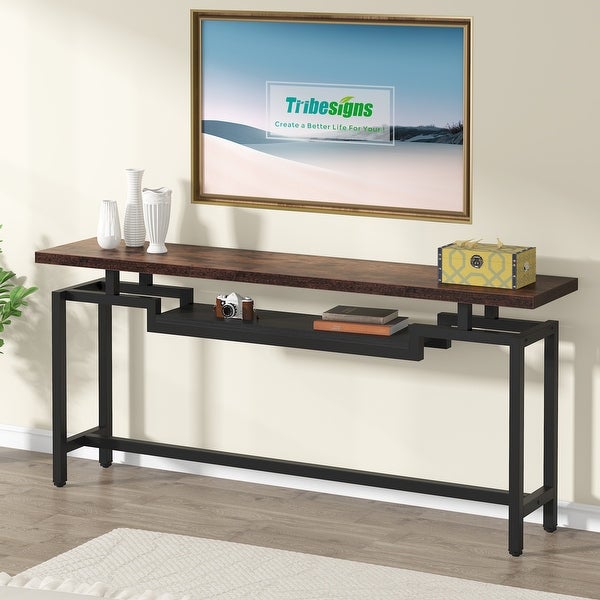 Brown/ Black 70.86 Inches Industrial Extra Long Console Entryway Table， White/ Gold Modern 2-Tier TV Stand