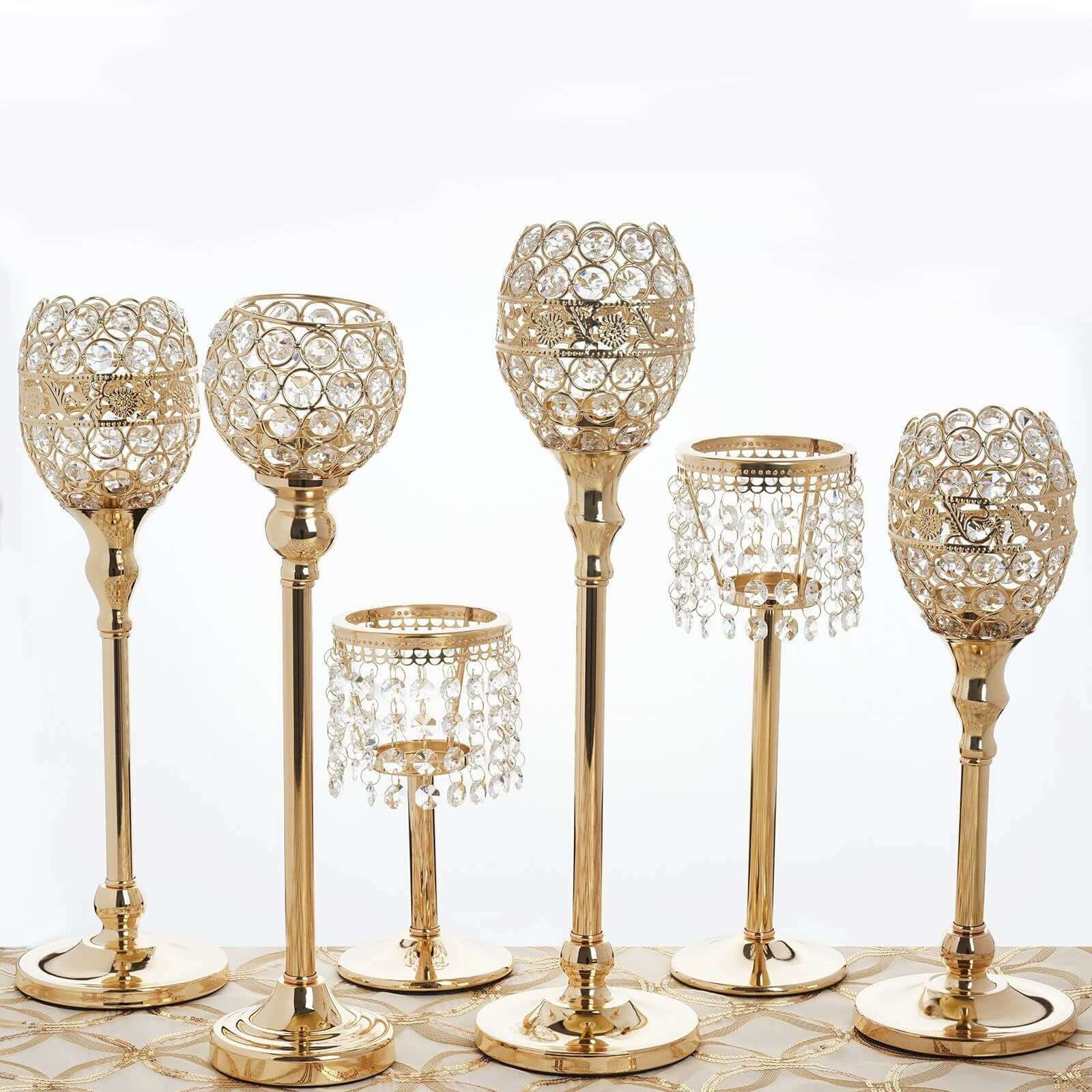 Gold Crystal Votive Pillar Candle Holder, Metal Tealight Round Candle Stand 16