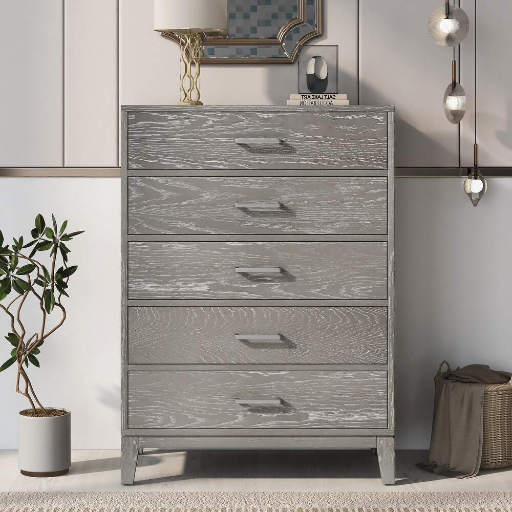 Concise Style Solid Wood Grain 5 Drawer Dresser with Tapered Legs and Smooth Gliding Drawers  Modern Storage Cabinet for Bedroom