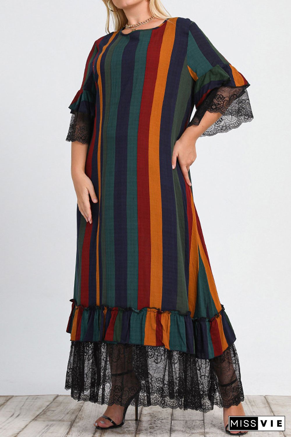 Plus Size Stripe Mesh Lace Long Sleeve Dress Wholesale