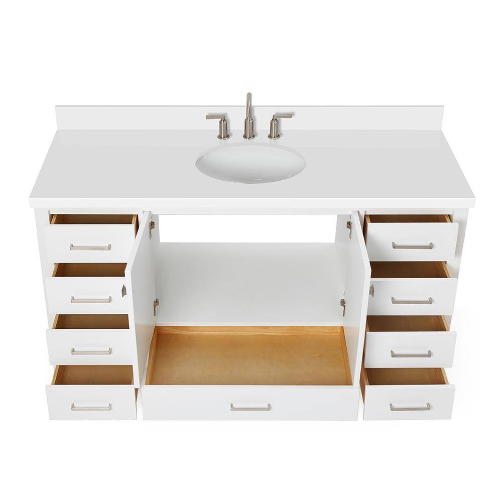 ARIEL Cambridge 61 in. W x 22 in. D x 35 in. H Vanity in White with Quartz Vanity Top in White with Basin A061SWQOVOWHT