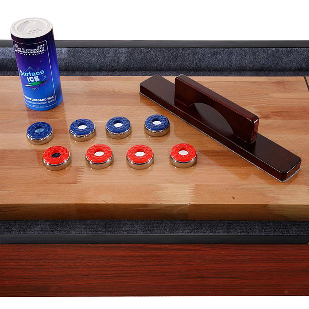 Hathaway Challenger 12 ft. Shuffleboard Table w Storage Cabinets Climate Adjusters Leg Levelers 8 Pucks Brush and Wax BG1214