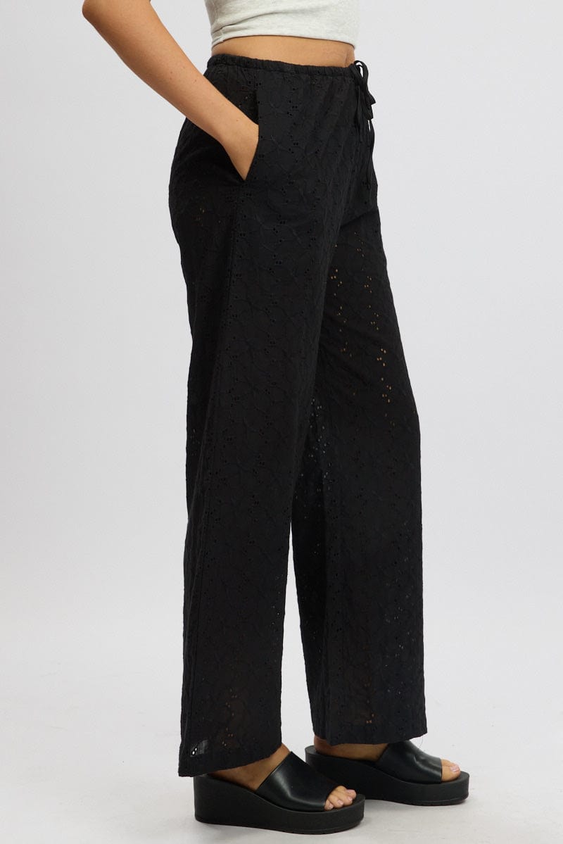 Black Wide Leg Pants High Rise Eyelet Fabric
