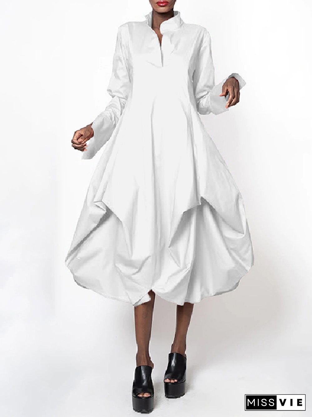 Stylish Loose Stand-Collar Long Sleeves Midi Dress