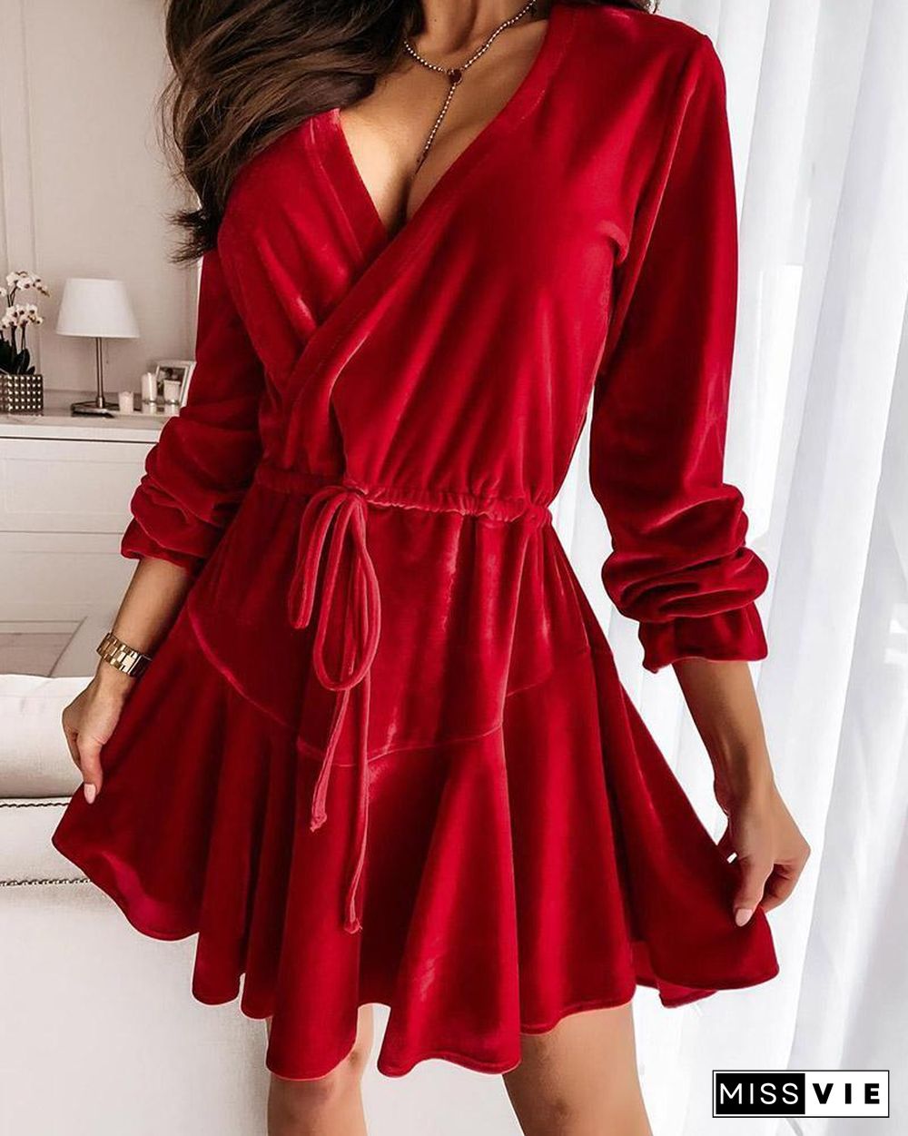 Velvet Long Sleeve Tie Front Wrap Dress P16169