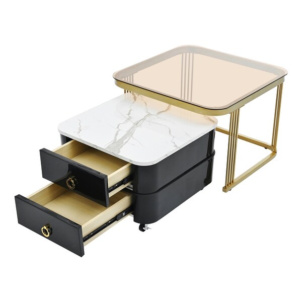 Mieres Stackable Coffee Table，Nesting Tables with Brown Tempered Glass，Wheels and Drawers and High Gloss Marble Grain Top