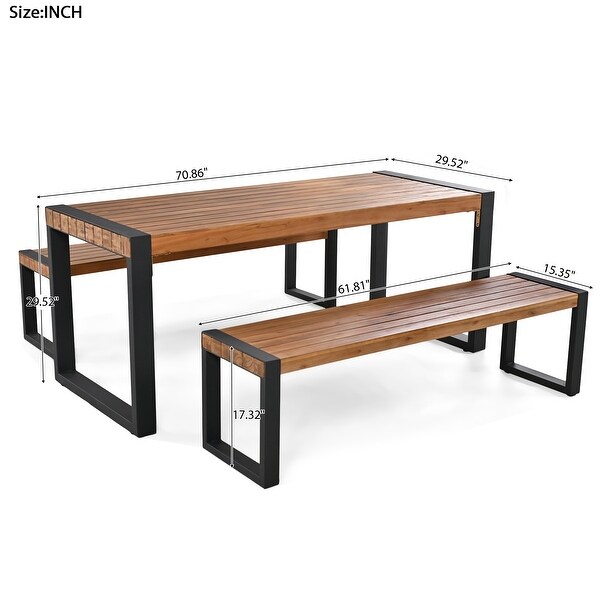 3Piece Acacia Outdoor Picnic Table Set With 2 Benches，With Acacia Wood Top and Steel Frame