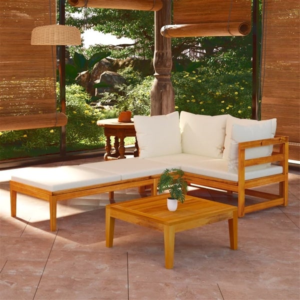 3 Piece Patio Outdoor Lounge Set with Cream White Cushions Acacia Wood