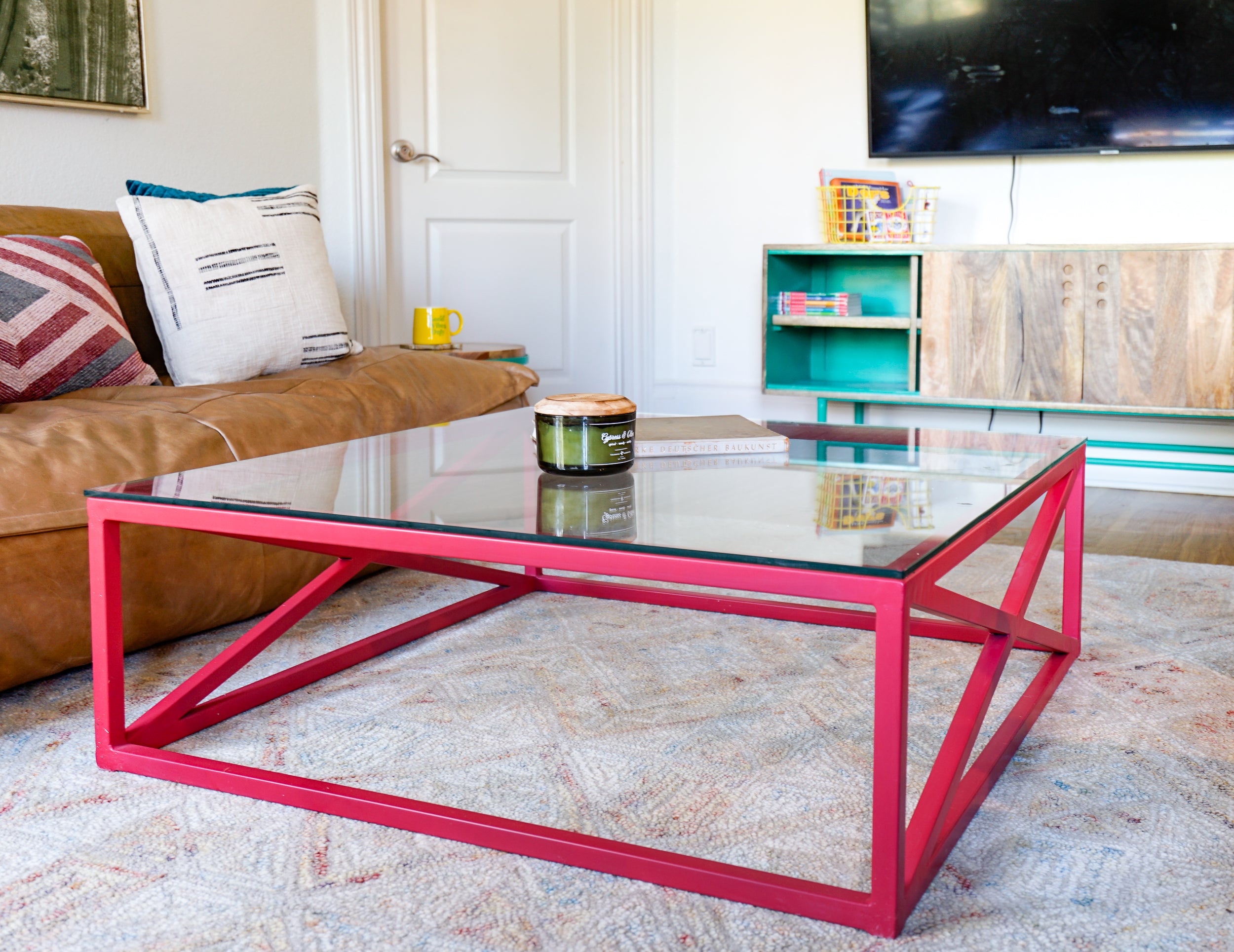 Posh Pollen Xavier Farmhouse Square Glass Coffee Table, Red/Clear