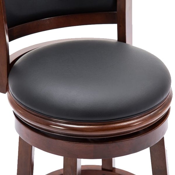 Round Wooden Swivel Counter Stool with Padded Seat and Back， Cherry Brown - 37.5 H x 18 W x 19.5 L Inches