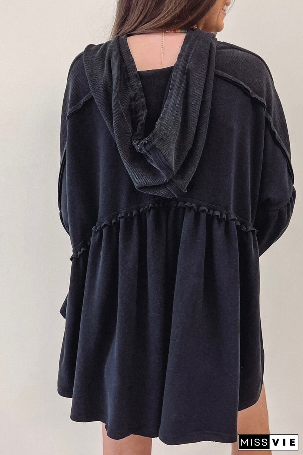 Black Oversized Ruffled High Low Hem Drop Shoulder Hoodie