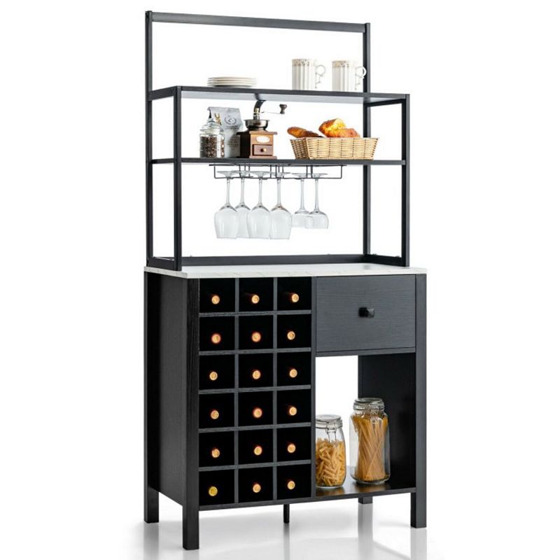 Hivago Kitchen Bakers Rack Freestanding Wine Rack Table with Glass Holder and Drawer