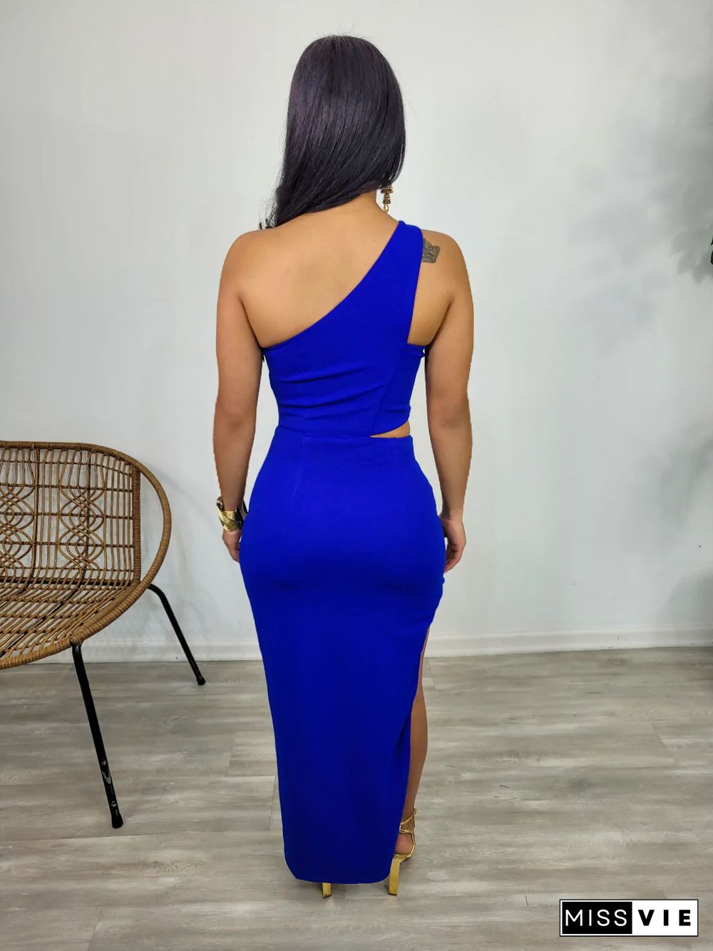 Sexy One Shoulder Sleeveless Cut Out High Slit Dresses