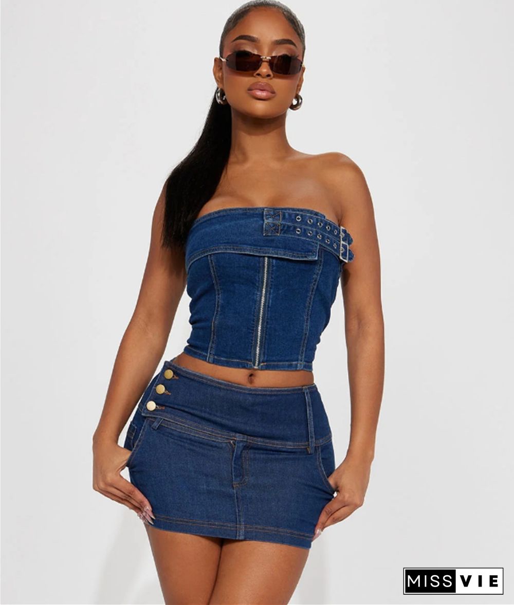 Strapless Crop Top Mini Skirt Denim Two Piece Set