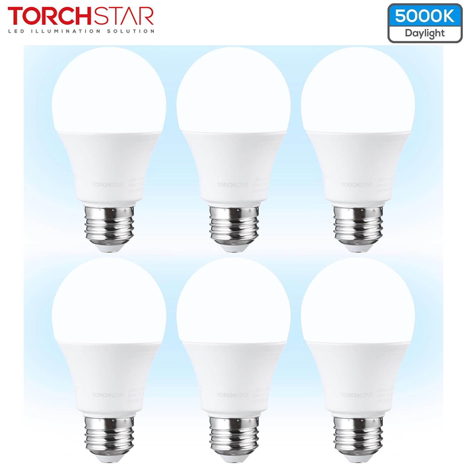 TorchStar Garage Door Opener LED Bulb， 100W Equivalent LED A19 Light Bulb， 1500 Lumens Ultra-Bright 5000K Daylight， Non-Dimmable， Standard E26 Medium Base， UL-listed， Damp Location Rated， Pack of 6