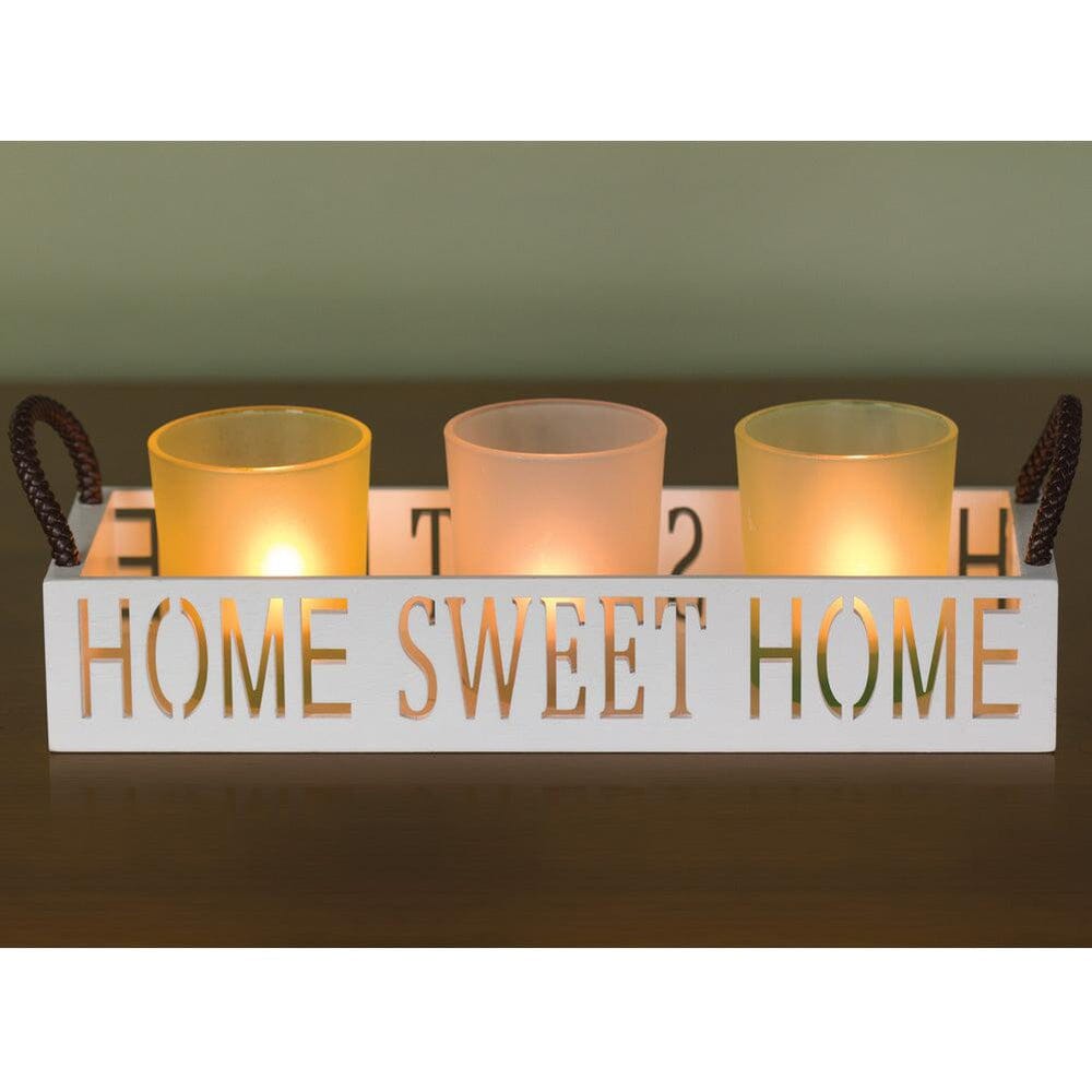 Home Sweet Home 3 Glass Candle Holder Set, LED Tealights and Decorative Tray