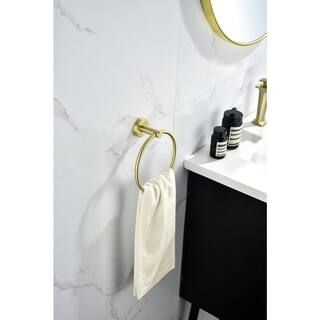 Tileon Brushed Gold Bathroom Stainless Steel Round Wall Mounted Includes Hand Towel Bar Toilet Paper Holder Robe Towel Hooks AYBSZHD424