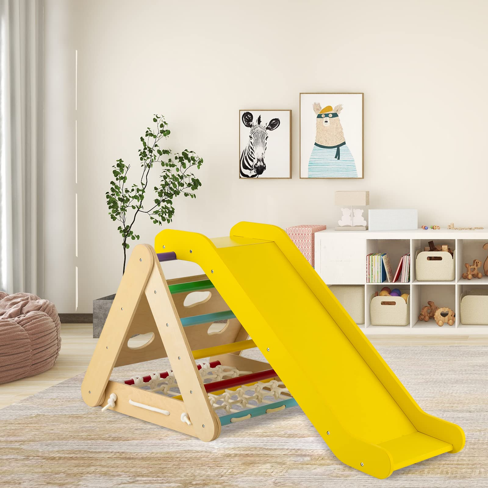 Costzon 4 in 1 Climbing Toy for Toddlers, 3-Sided Montessori Wooden Triangle Climber with Sliding Ramp, Climbing Net & Board