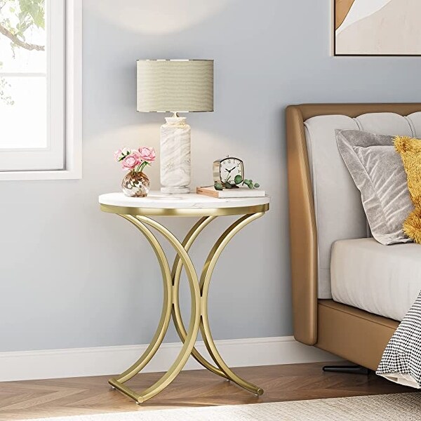 White/ Gold Modern Round End Side accent Table with Faux Marble Top， C Shaped Gold Legs Entryway Tables