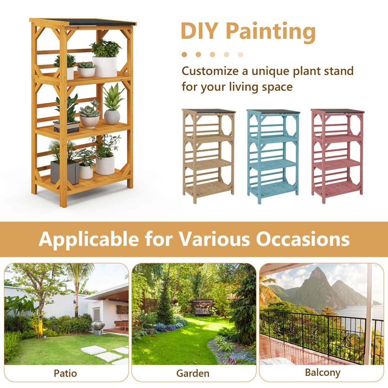 54'' Tall 3-Tier Wooden Plant Stand with Weatherproof Asphalt Roof, DIY Painting Outdoor Storage Shelves