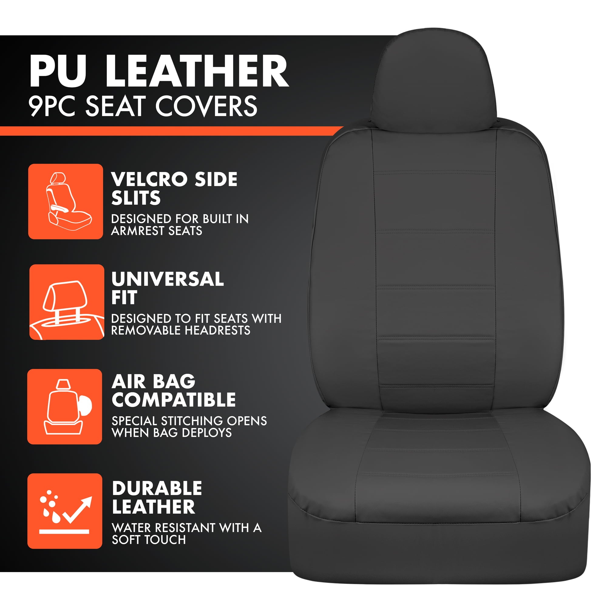 carXS UltraLuxe Black Faux Leather Car Seat Covers Full Set， Front and Rear Bench Seat Cover for Cars Trucks SUV