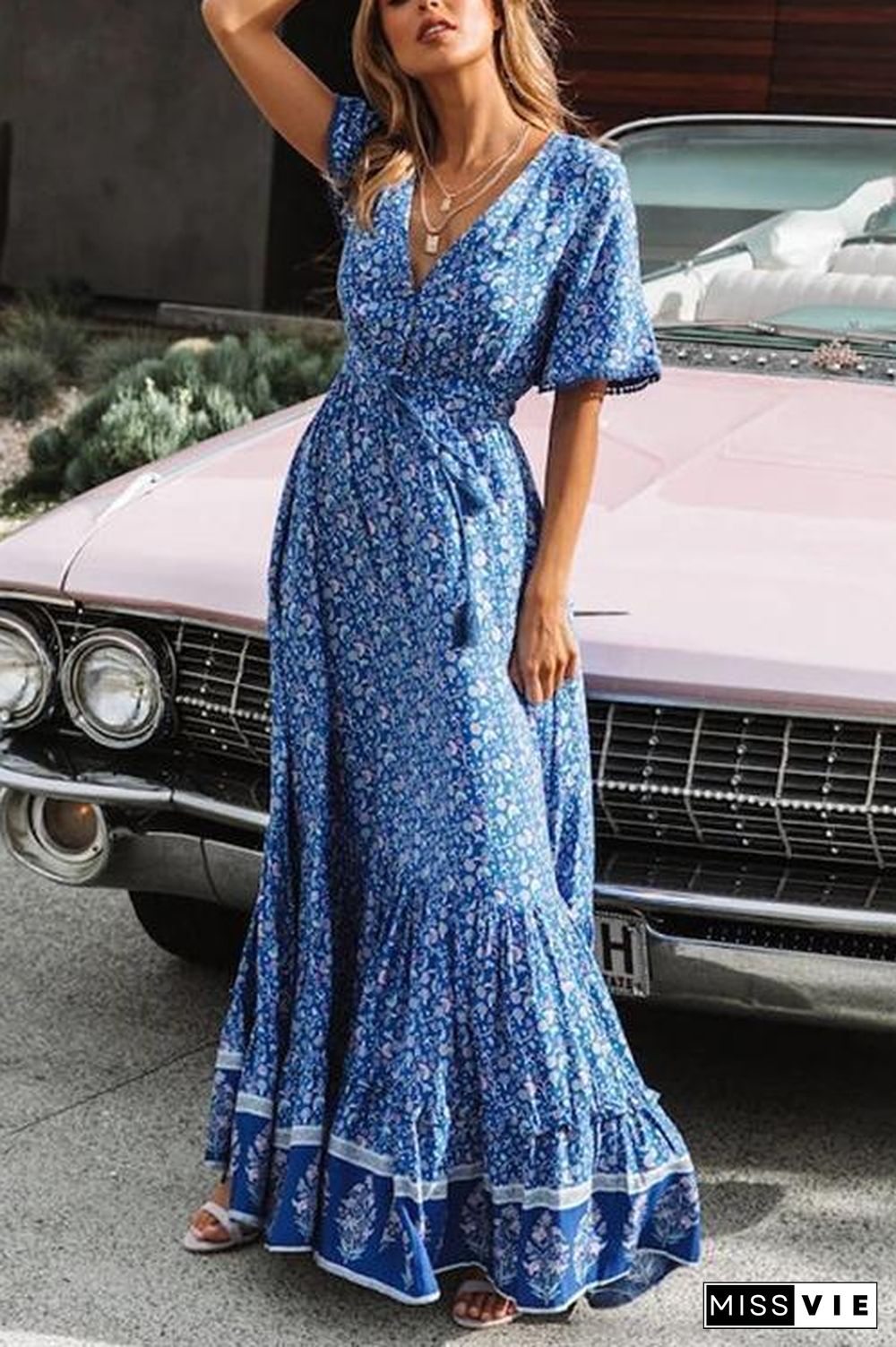 Floral Print Short Sleeve Maxi Dress