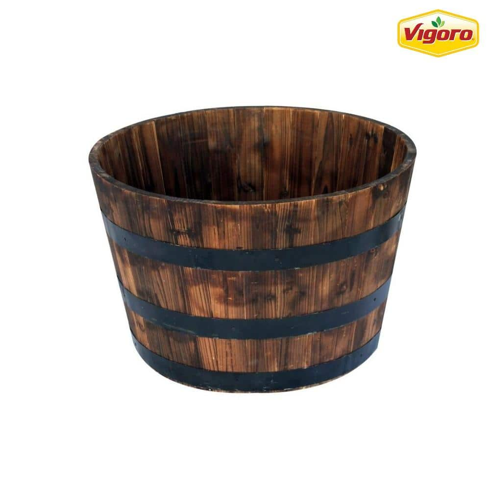 Vigoro 26 in. Jackson Extra Large Brown Wood Barrel Planter (26 in. D x 16.5 in. H) with Drainage Hole HL6642