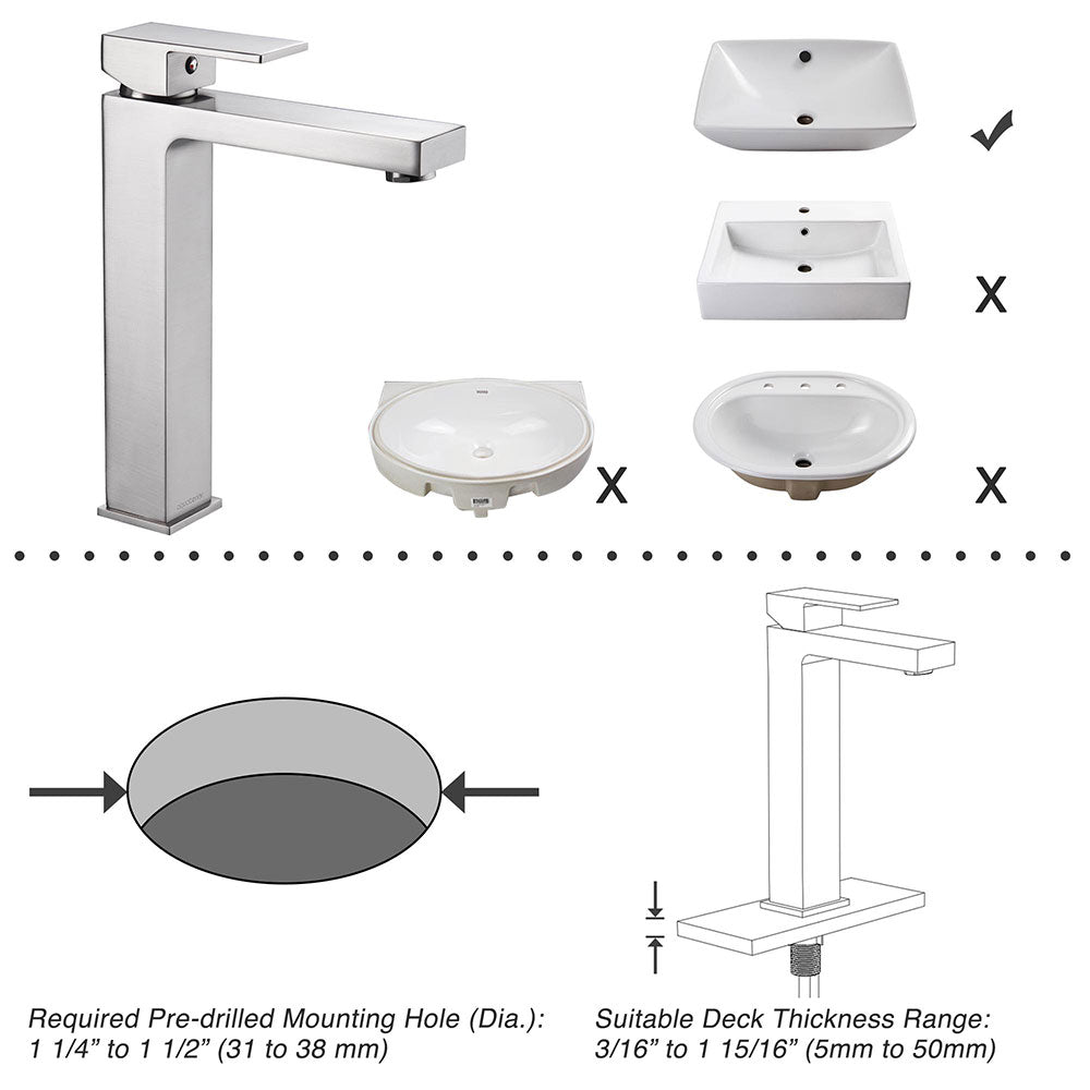 Aquaterior Bathroom Vessel Faucet Square Cold & Hot 10.4