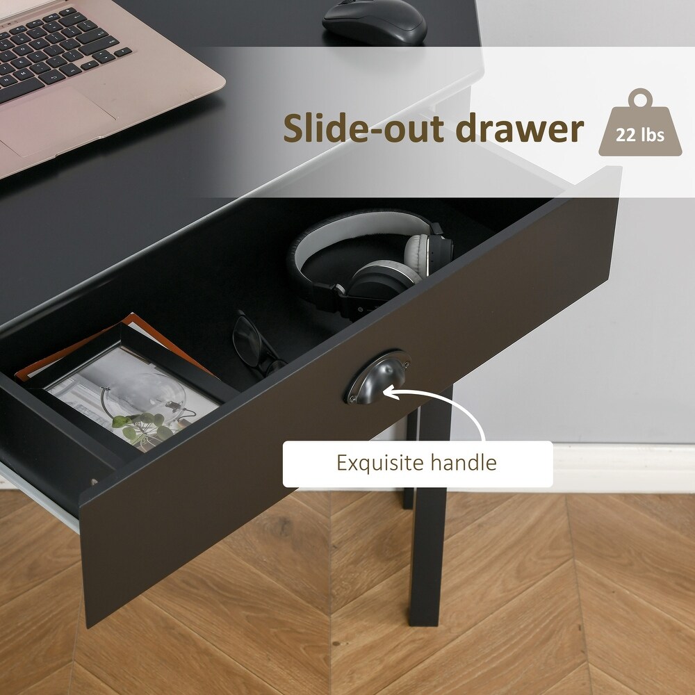 HOMCOM Corner Desk  Triangle Computer Desk with Drawer and Storage Shelves for Small Space
