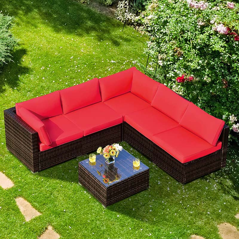 6 Pcs Rattan Patio Sectional Sofa Set Outdoor Conversation Furniture Set with Cushions & Glass Coffee Table