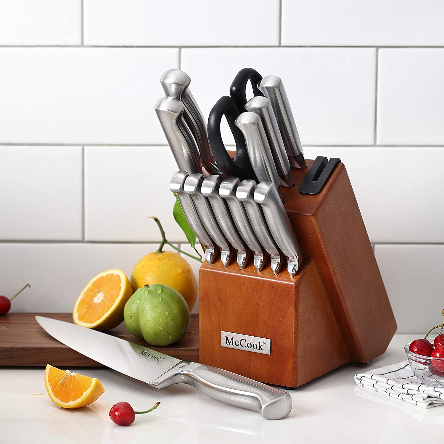 McCook MC29 Knife Sets，15 Pieces German Stainless Steel Kitchen Knife Block Sets with Built-in Sharpener