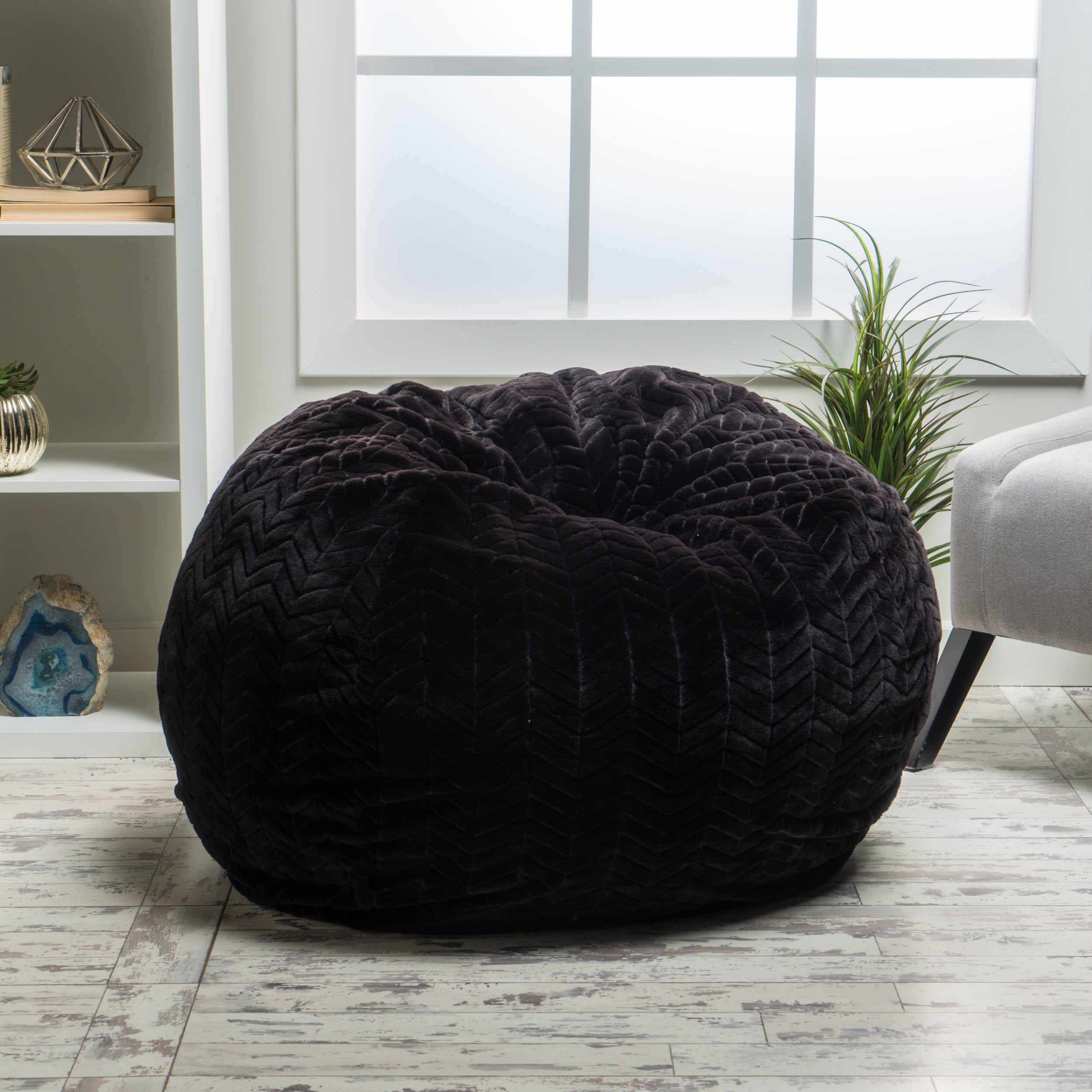 Meridian Modern 3 Ft Chevron Pattern Black Faux Fur Bean Bag